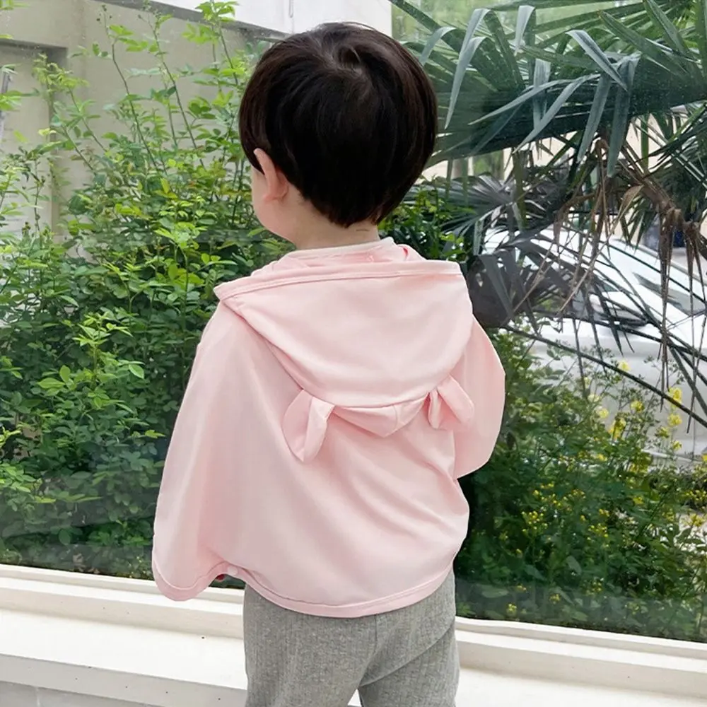 UPF50 + детский солнцезащитный плащ с капюшоном с мультяшными ушками, розовый, белый, синий, детское солнцезащитное пальто, однотонная одежда из ледяного шелка, защита от ультрафиолета