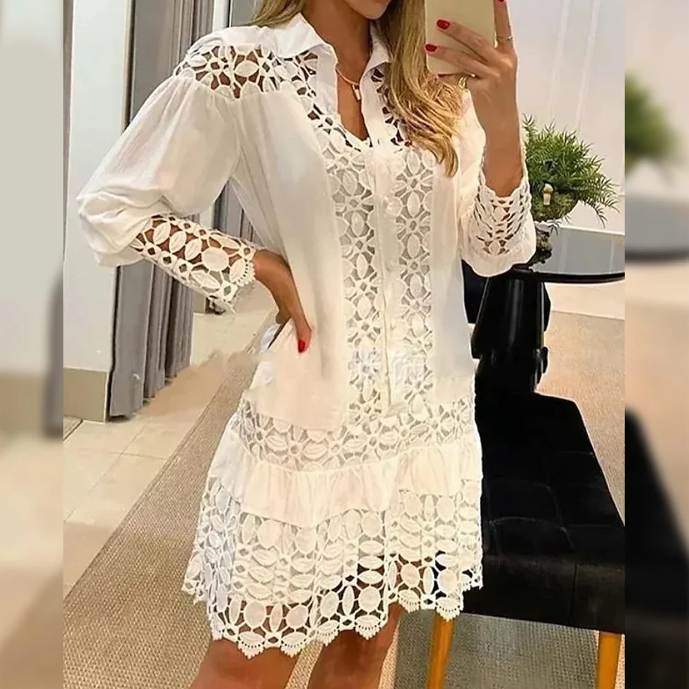 

New Women Spring Autumn Sexy Lace Splicing Long Sleeve Cutout Hollowed Out Shirt Ladies Dress Elegant Female Fashion Dress