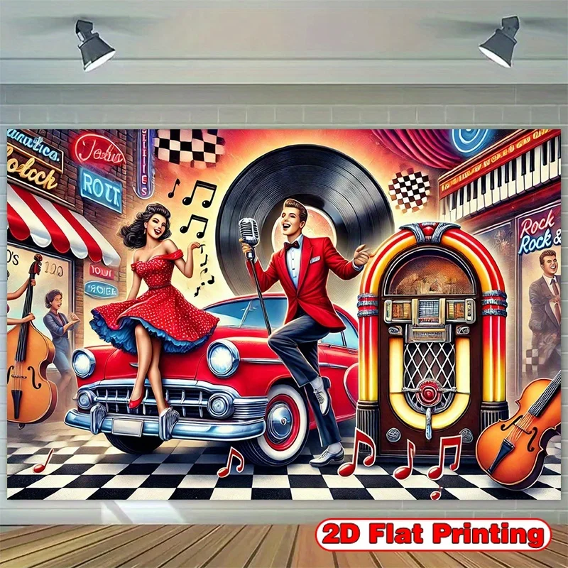 Retro 50s Tapestry, Vintage Rock n Roll Wall Hanging, Classic Car Jukebox Art Dorm Decor, Music Party Bedroom Blanket
