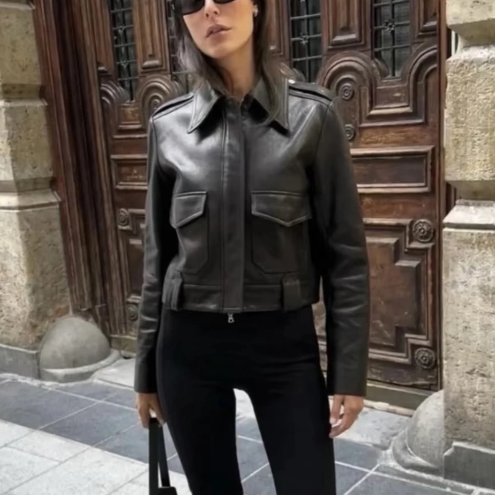 Top-Grain Sheepskin Women's Leather Jacket Y2K Zipper Detail Elegant Commuter Pilot Jacket 2025 Fall/Winter New Arrival