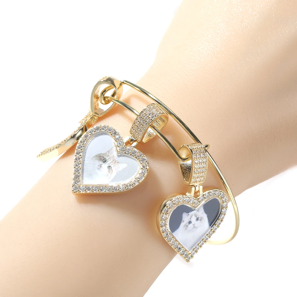 TBTK Stainless Steel Cuff Bangle DIY Heart Photo Pendant Memory Bracelet Iced Out Cubic Zirconia Family Lover\'s Gift