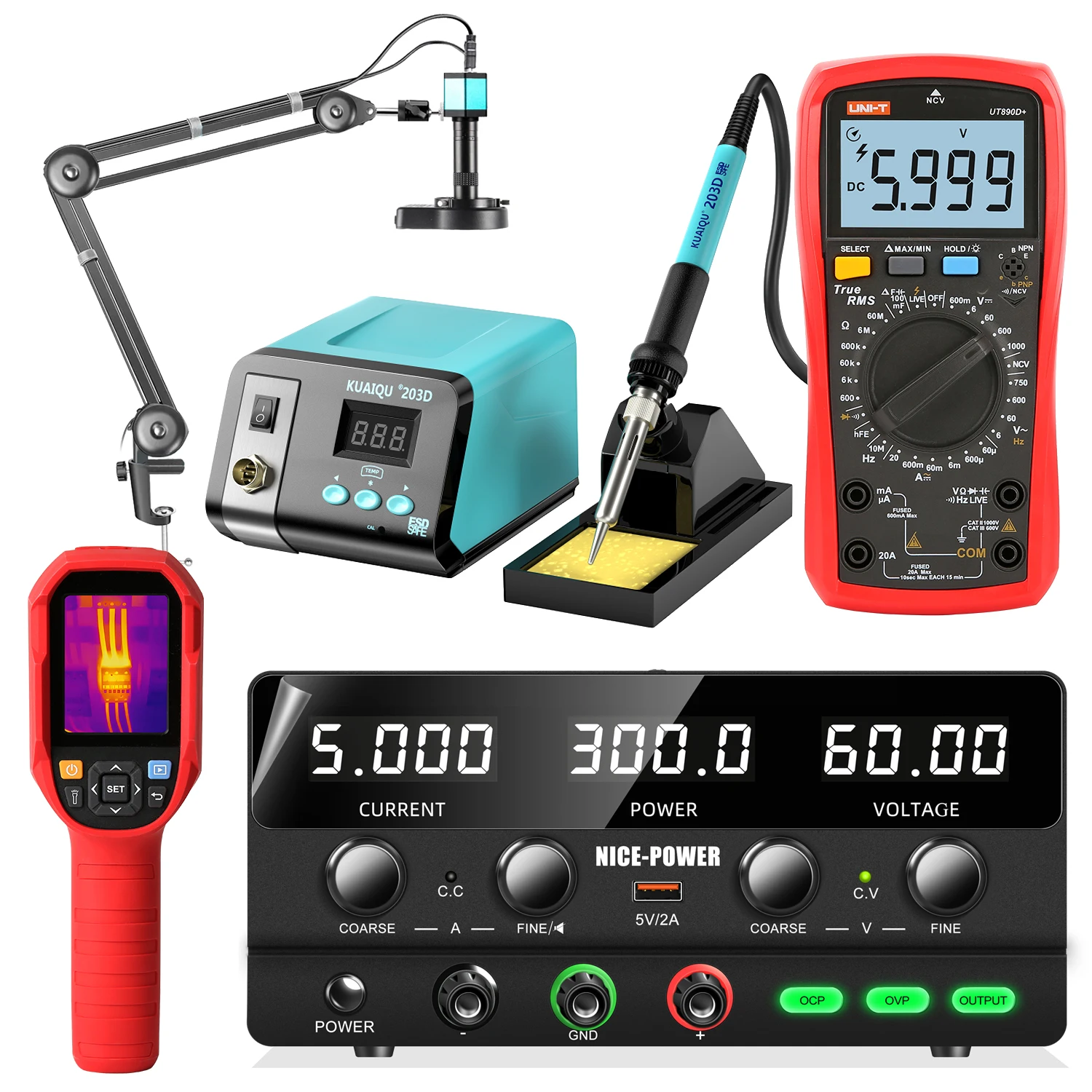 UNI-T UT890D+ Inverter Phone Repair Set DC Power Supply 0-60V 20A Soldering Iron Microscope Digital Multimeter Thermal Imager
