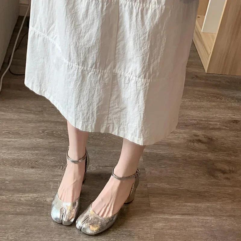 Women Split Toe Woman 5cm Heels Mary Janes Round High Heel Shoes Buckle Strap Shallow Sandals Shoes