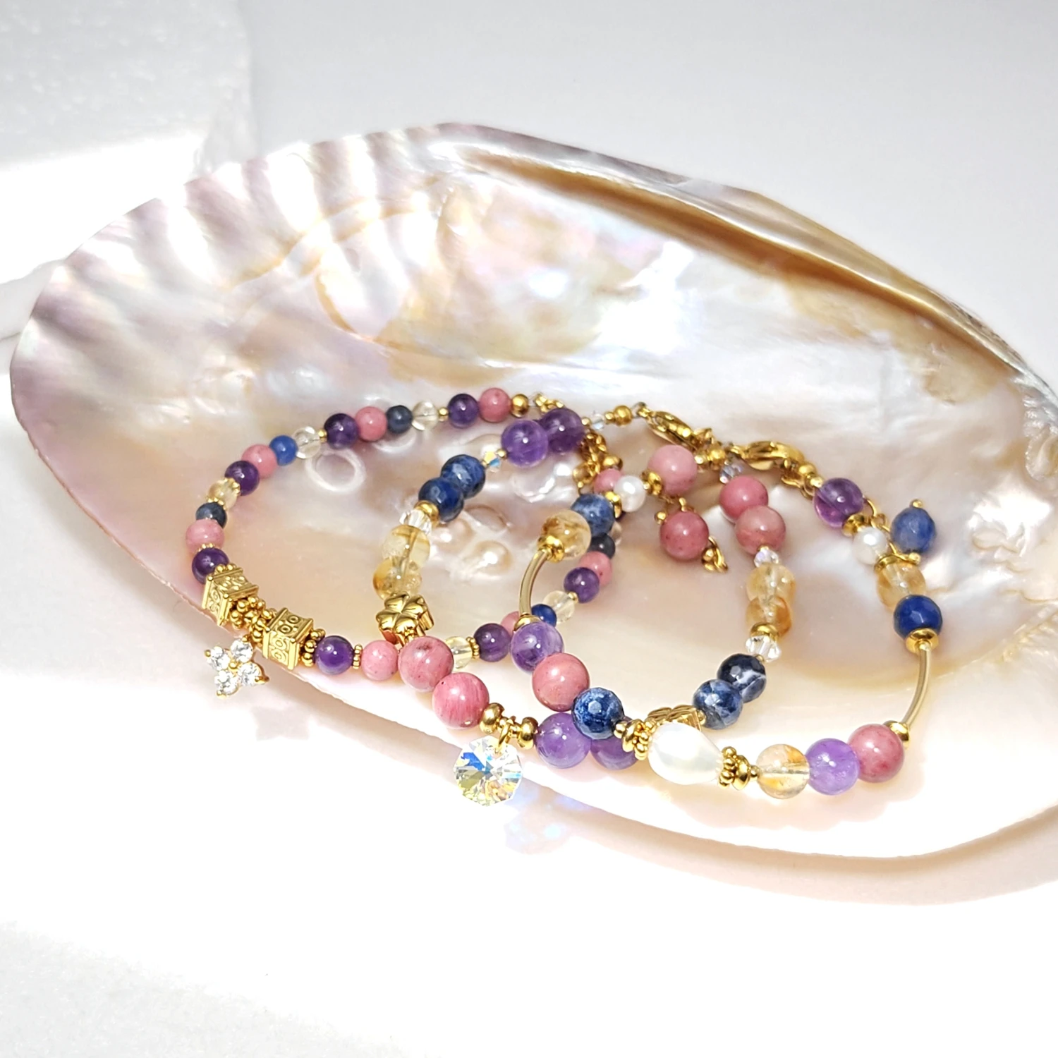 

Lii Ji Natural 4-6mm Sodalite Amethyst Citrine Rhodonite Stainless Steel Charm Handmade Bracelet