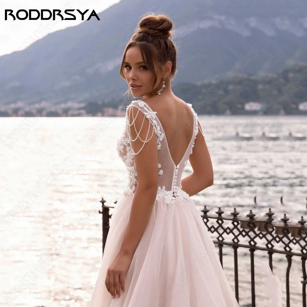 Roddrsya Beach robe de mariée sans manches 2024 mariée a - word doubleRODDRSYA-Robe de mariée en fibre de plage pour la mariée, ligne A, double col en V, applique éducative, sur mesure, patients, quoi que ce soit, 2024