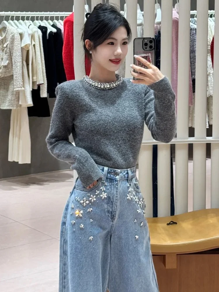 Ele ort Maglione lavorato a maglia con abbellimento di diamanti rotondo Ne Long Sve Top da donna per i pendolari autunnali Simple Sle