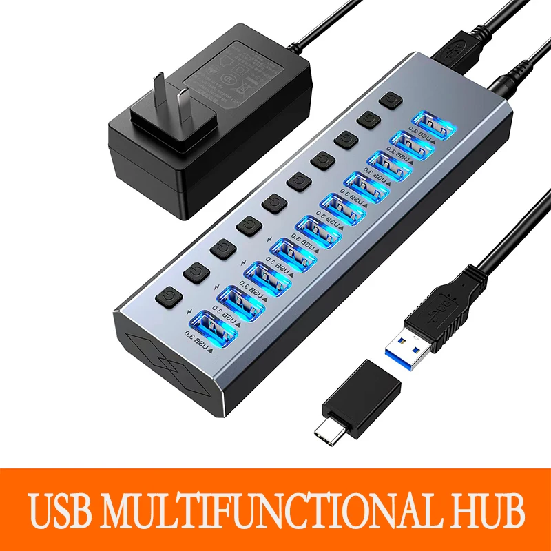 

USB 3.0 5Gbps High Speed USB Hub 10 Ports For PC Computer Docking Station Adapter Splitter for Hard Drives Mouse Keyboard Switch