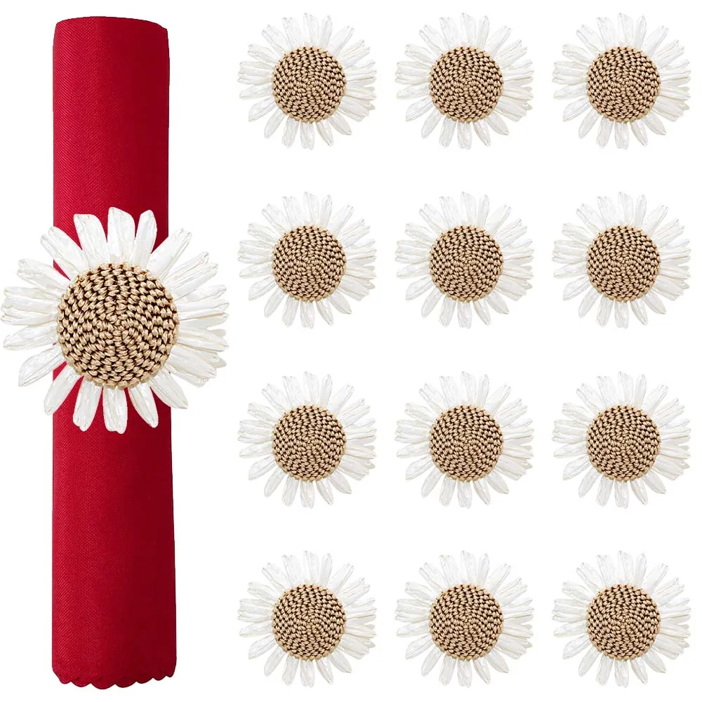 12Pcs Sunflower Napkin Rings White Daisy Napkin Holder Woven Floral Napkin Buckles for Wedding Thanksgiving Party Table Decor