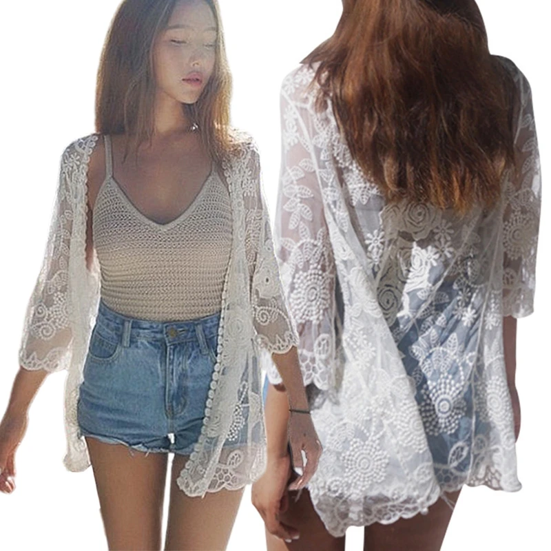 

Women Summer Lace Open Front Kimono Cardigan Crochet Floral Leaves Pattern Sheer Mesh Swimsuit Cover Up See Through Dropship