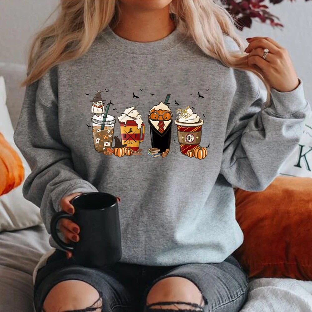 Sweat-shirt d'école de sorcière d'Halloween, sweats à capuche de Aliments de café d'automne, haut rétro, cadeau vintage d'Halloween, Latte Coffee