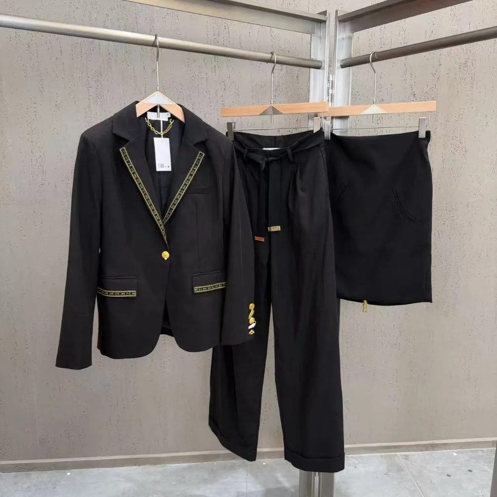 High Street Autumn Collar Embroidered Long Sleeved Blazers with Long Pants and Half Skirt Elegant and Fashionable Linen