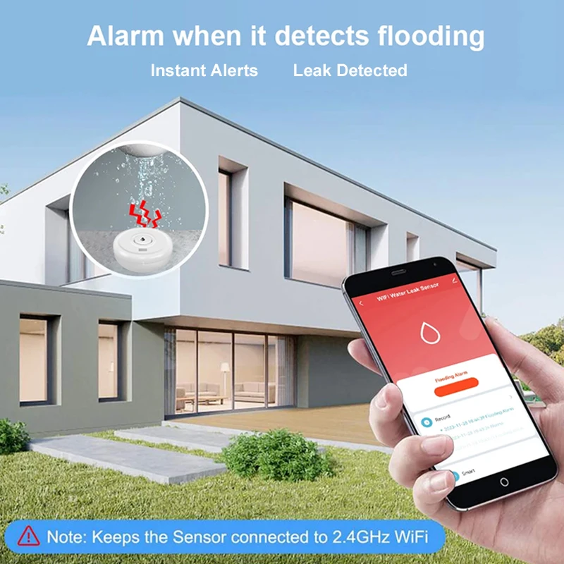 WiFi Water Leak Sensor Remote Monitor Water Overflow Level Detector Water Leak Detector Safety Sound Alarm System Tuya Smart APP