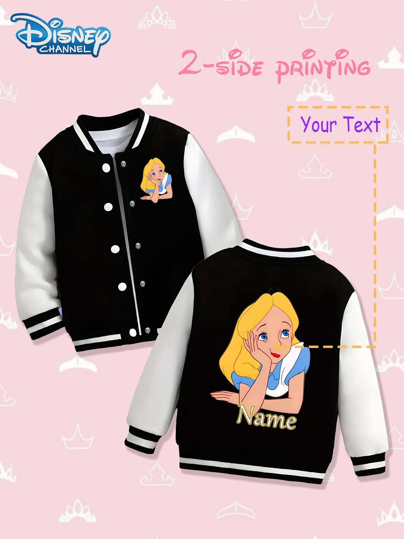 

MINISO Disney Alice Fantasy Children's Baseball Jacket - Alice's classic chin-supporting image is presented on both sides. The r