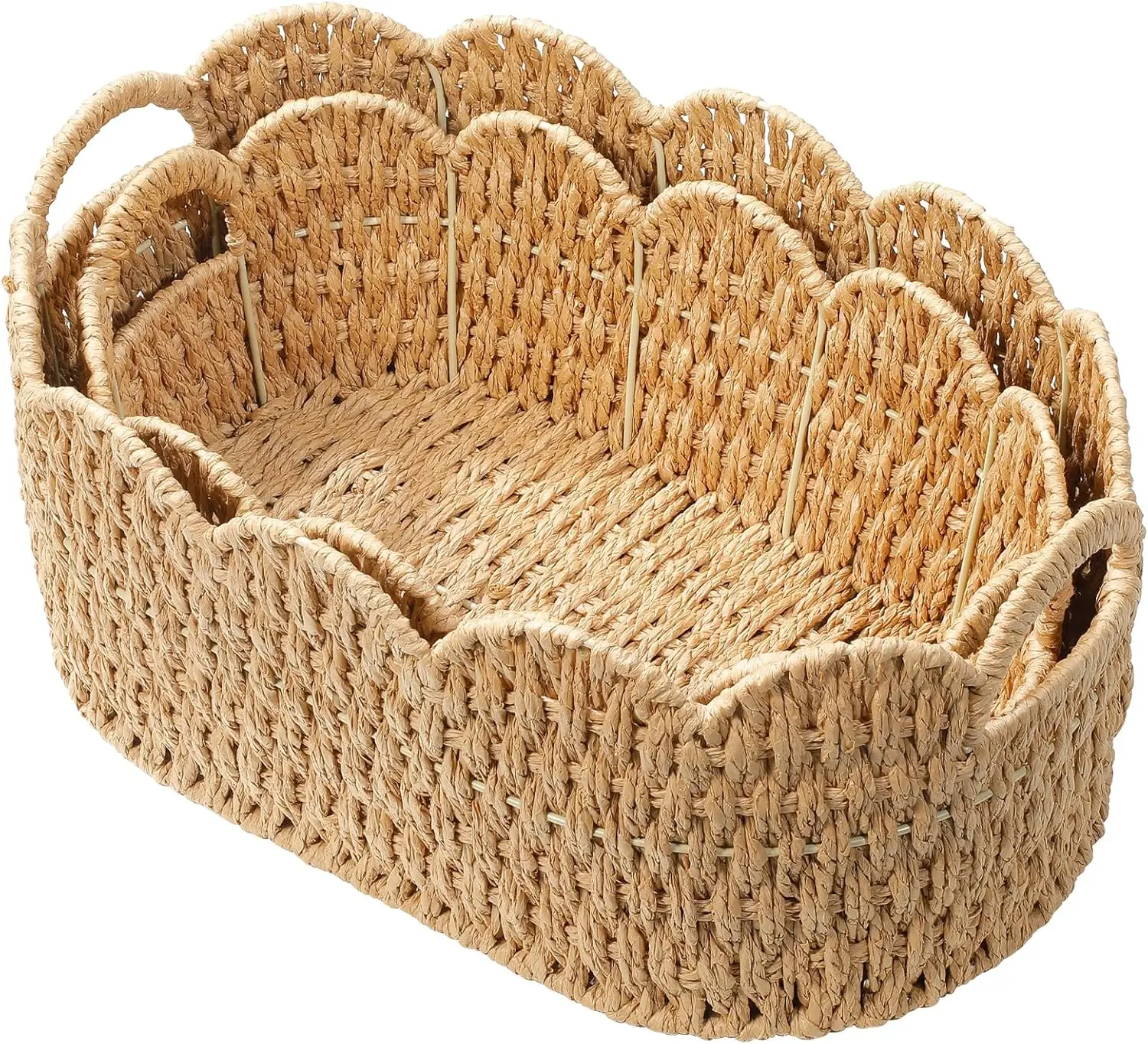 

Set of Two Scalloped Paper Rope Storage Baskets for Shelves Laundry Towels Clothes Books Toys Natural Decor Organizer