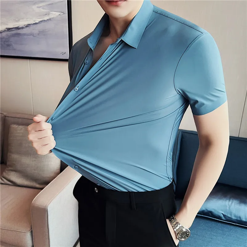 6 farben Hohe Qualität New Solide Hohe Elastizität Nahtlose Kurzarm Shirts Männer Dünne Sozialen Casual Business Formale Kleid Hemd