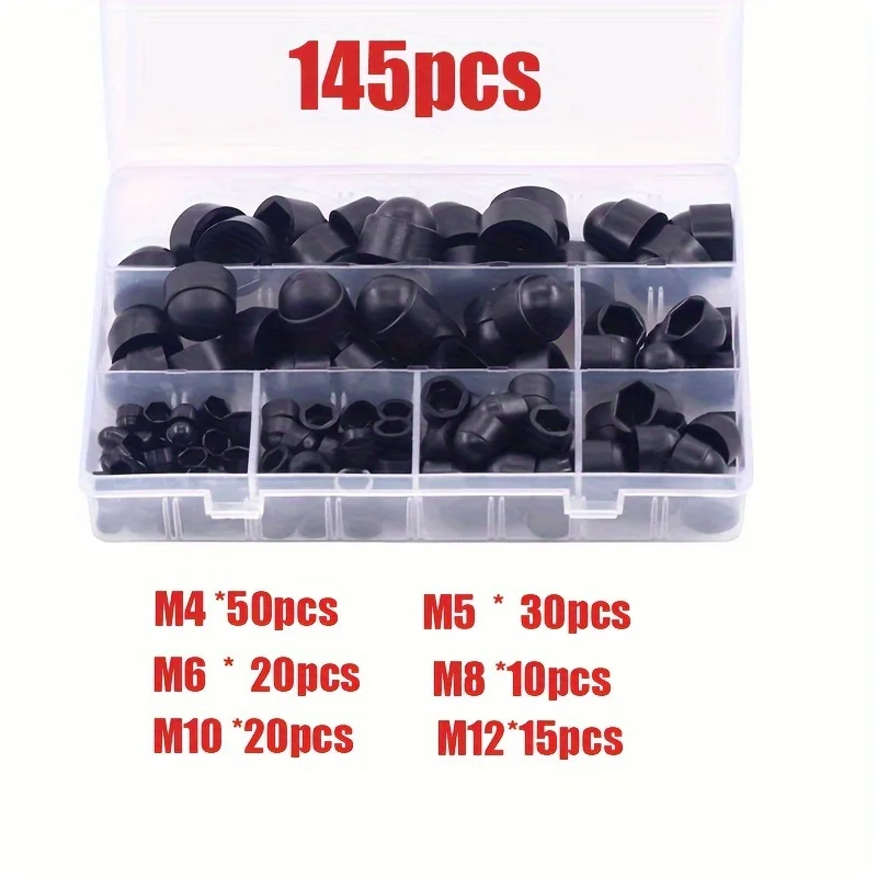 145pcs Multi-size Hex Nut Cap Box Set Protective Covers, Suitable for Fastener Installation, Nut and Bolt Combination Set