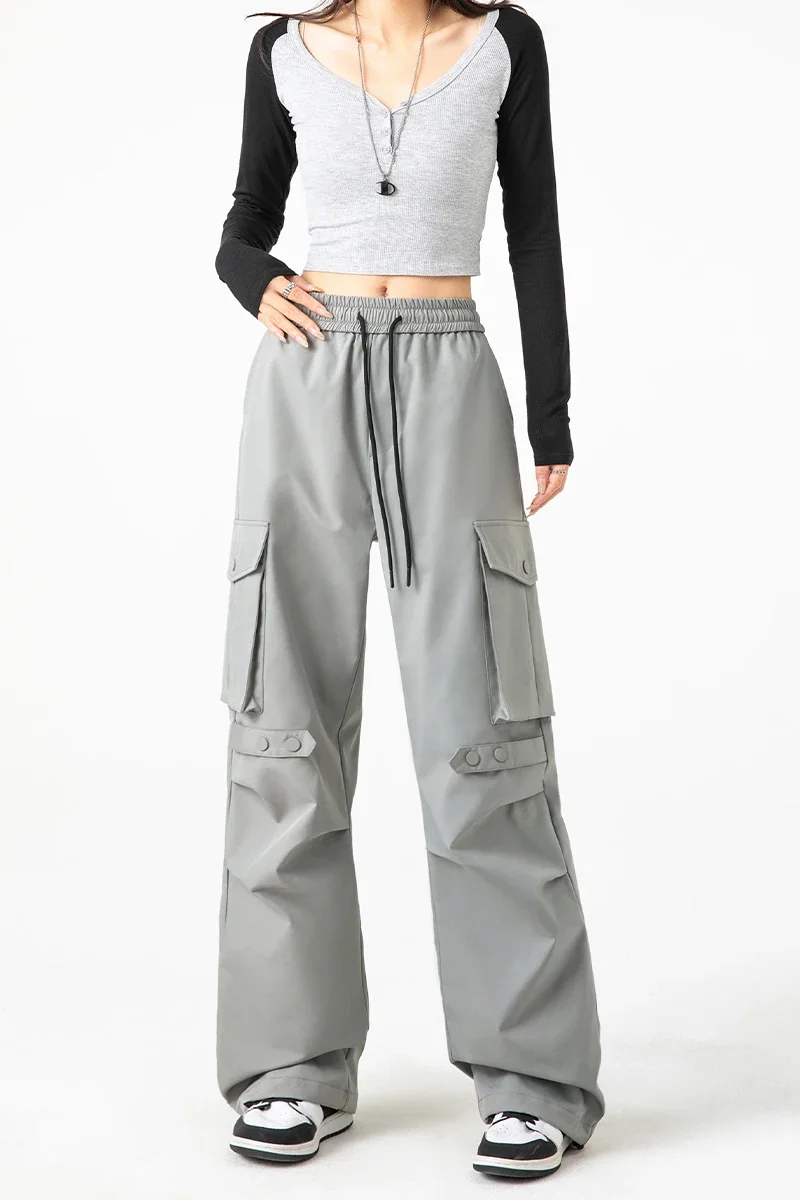 일본 레트로 여성 Y2K 카고 바지 캐주얼 헐렁한 스웨트 팬츠 Kpop 넓은 다리 Drawstring 방수 특대 여성 주머니 조깅