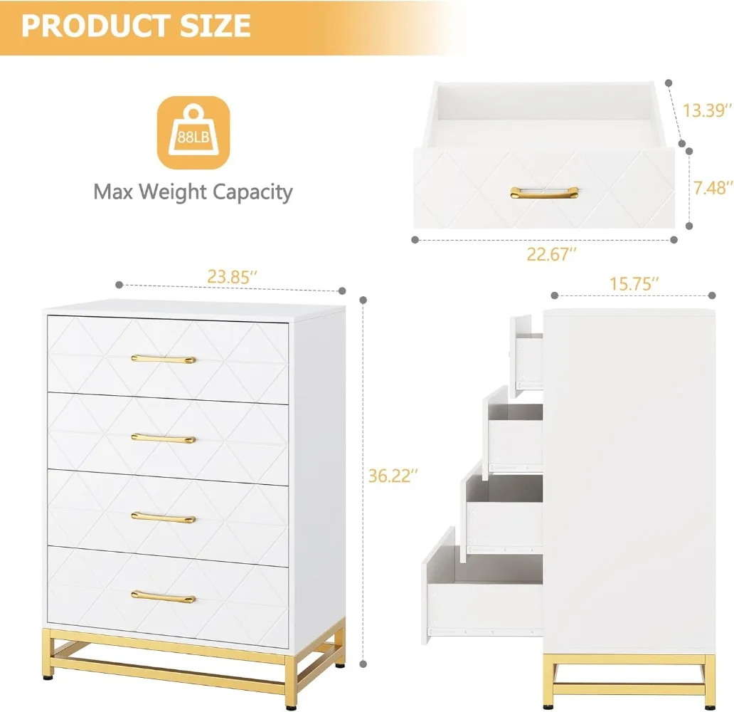 Wood Dresser & Chest of Drawers for Bedroom, 4 Drawer Dressr with Metal Handles, Wood Double Bedroom Furniture,White