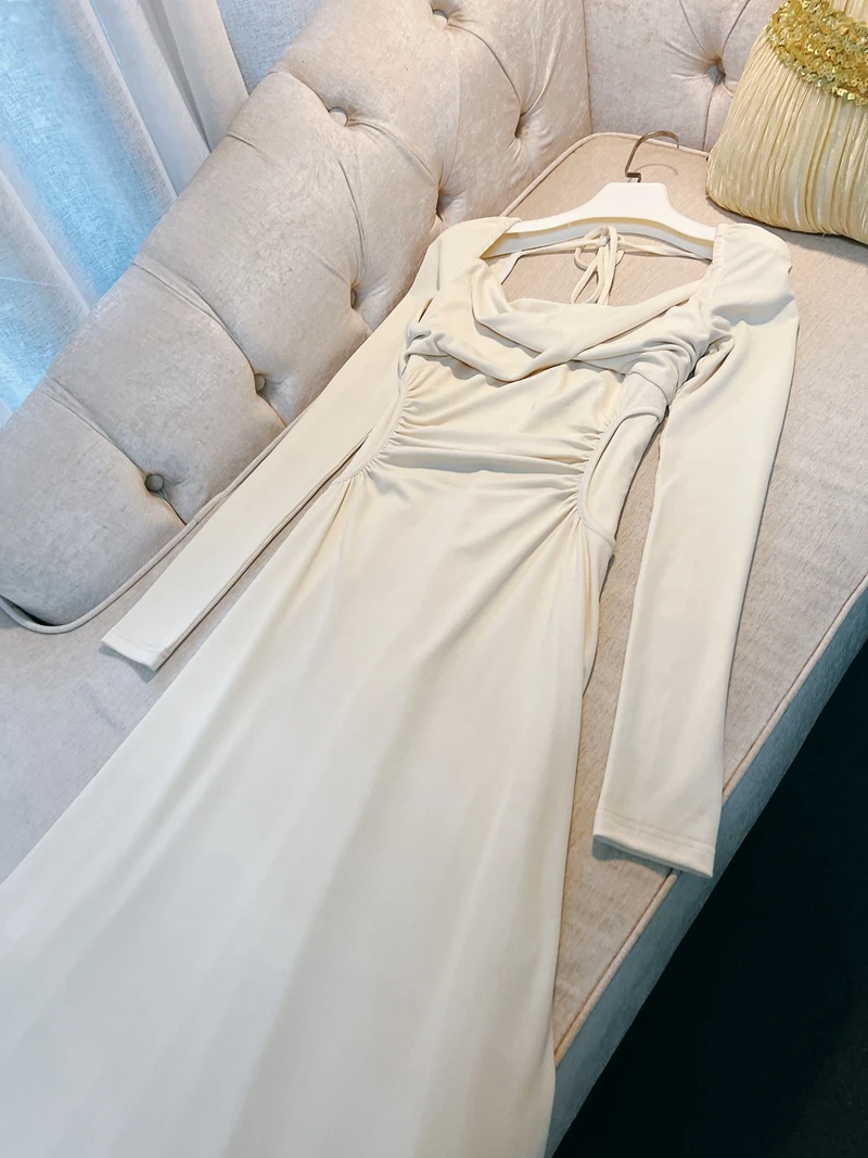 

Ele Sexy V-Ne Long Sve трикотажное платье для похудения талии, роскошное матовое платье трапециевидной формы средней длины для женщин