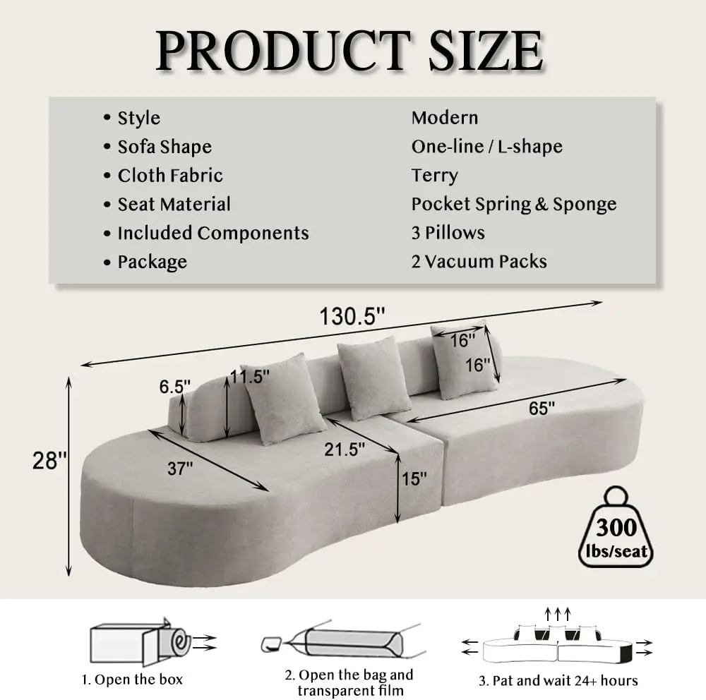 130.5'' Sectional Sofa Couch, Modern Cloud Sofa, 3 Pillows, Comfy Modular Sofa, 4 Seat Minimalist Curved