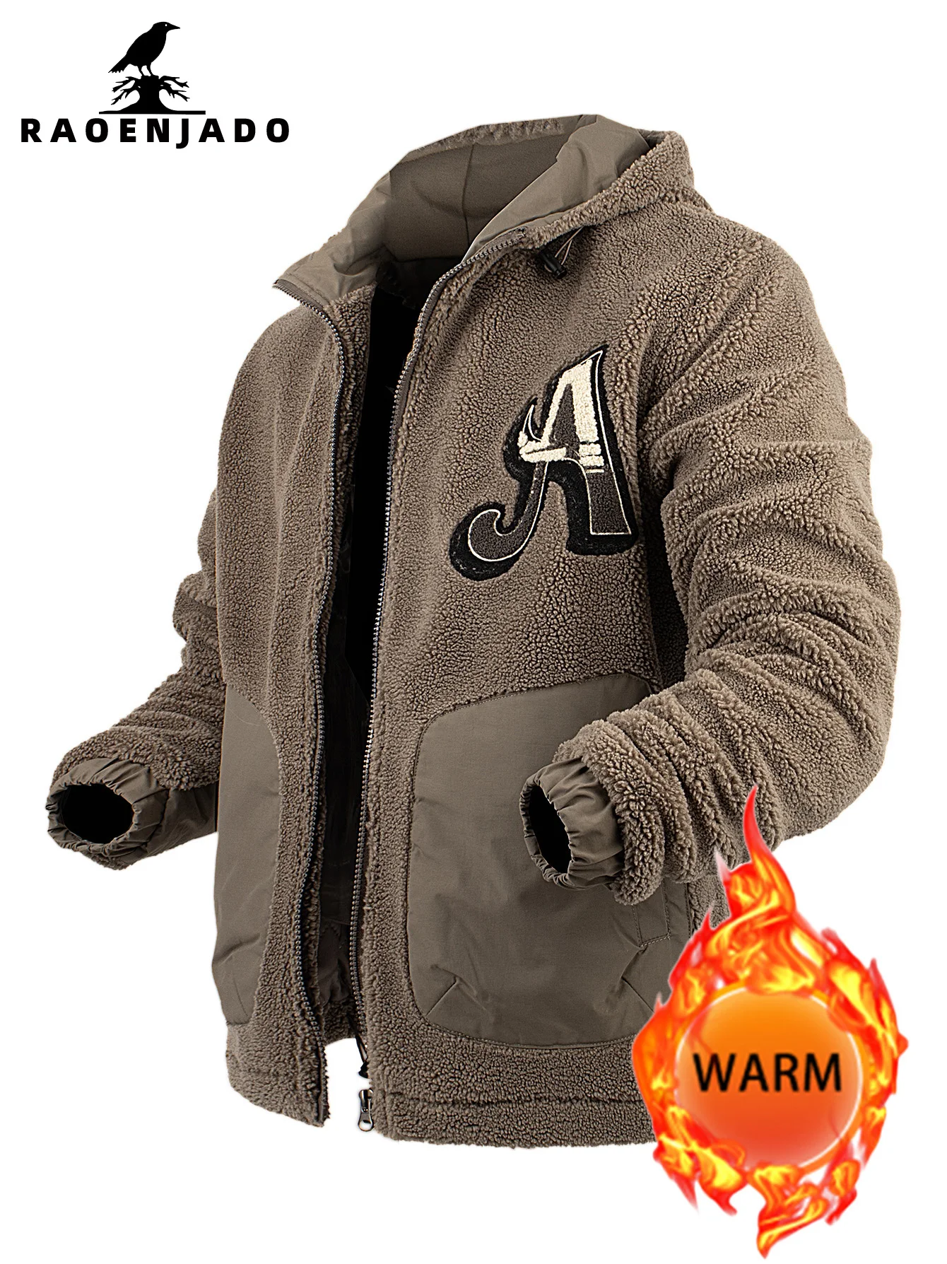 

Men's Fleece Hooded Zip Jacket Thickened Warm Autumn&Winter Stretch Cuffs with Pocket Outerwear Patchwork Embroidery Casual Coat