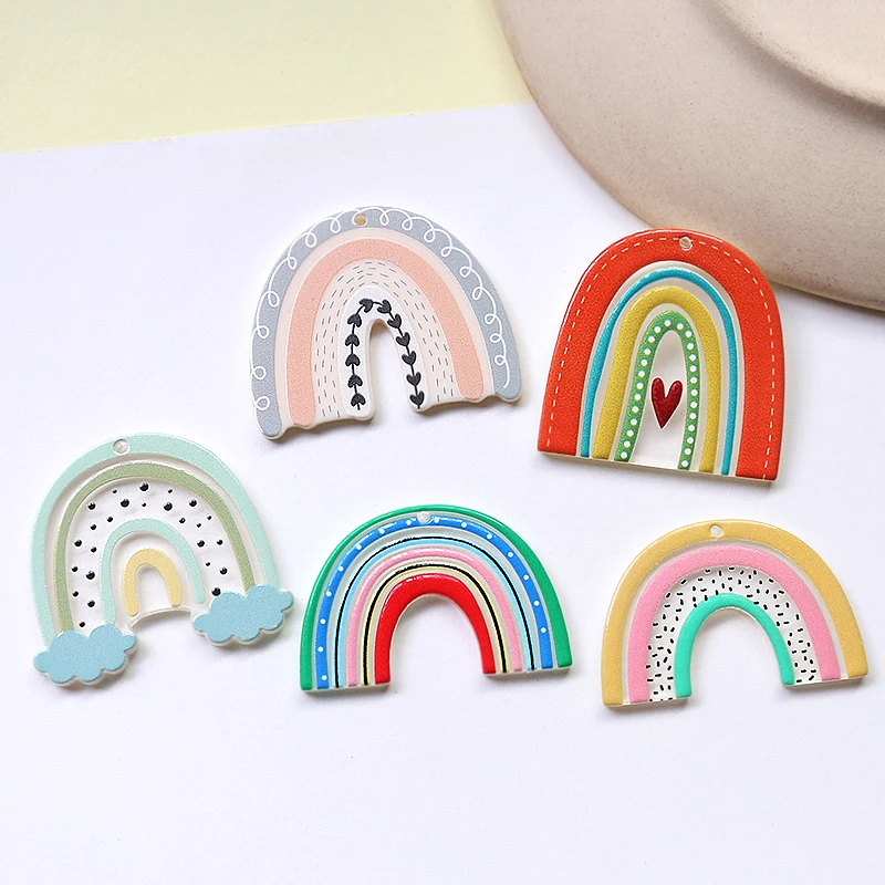 6pcs Ins Translucent Cartoon Rainbow Acrylic Fun Pendant Diy Handmade Jewelry Earrings Key Chain Accessories Materials Charms