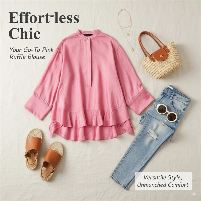 

Розовая блузка с рюшами по подолу для женщин. Свободный крой. Пуловер с длинными рукавами. Элегантный повседневный стиль весны и осени – женский и шикарный.