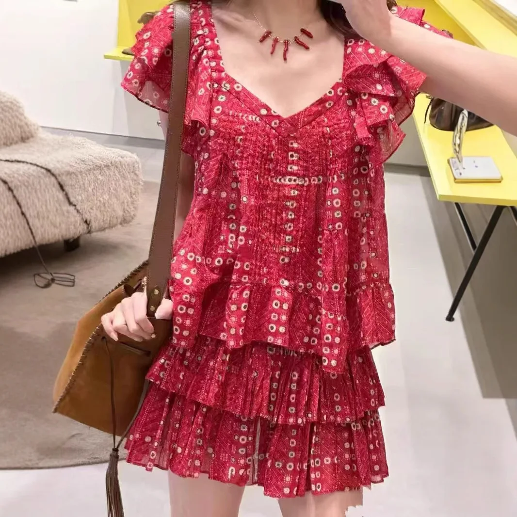 

Летний новый комплект: красная юбка-плиссе с вышивкой и топ с длинными рукавами, модный женский наряд