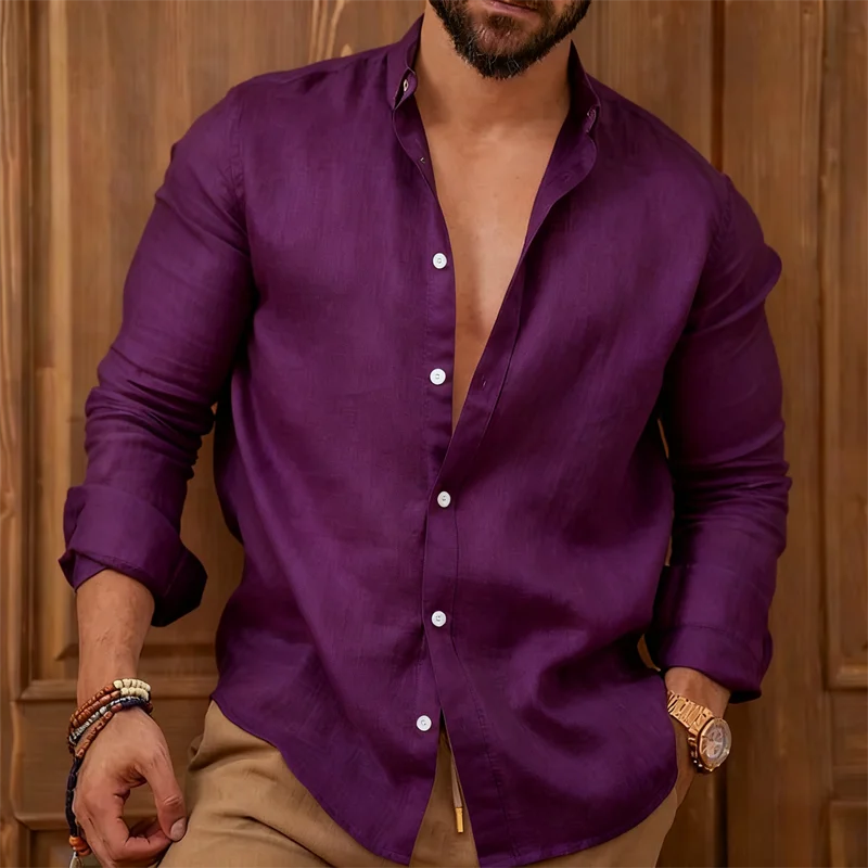 

Мужская однотонная рубашка, летняя повседневная пляжная рубашка с лацканами и длинным рукавом, свободный топ, большой размер 6XL, удобная дышащая мода