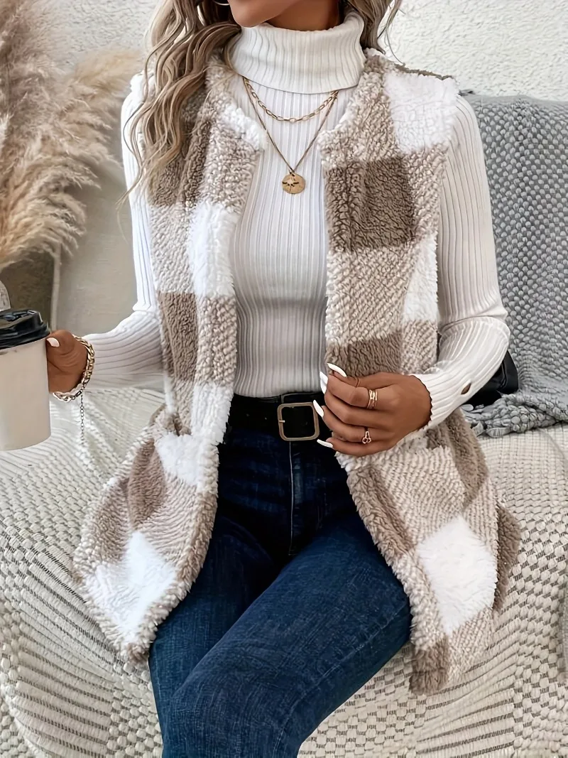 Plus Size 1XL-5XL Casual Jacket  Women\'s Plaid Print Teddy Fleece Open Front Round Neck Vest Jacket