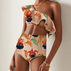 Shoulder Contrasting Color Women's Bikini Ruffle Edge Flower Print Fashion High Waist Two-Piece Summer New Beach Swimsuit