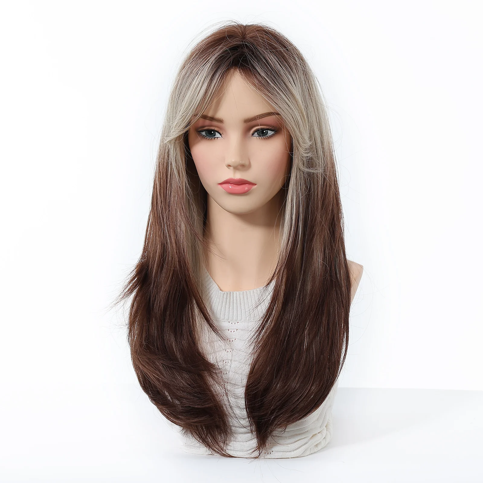 ロングストレートグレーブラウンオンブレ合成ウィッグ、前髪付き、女性用コスプレロリータパーティーレイヤードウィッグ、自然な見た目、耐熱性