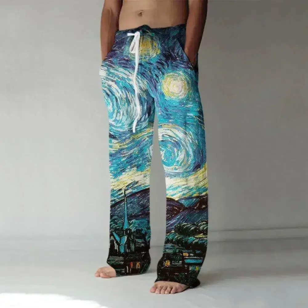 Men Casual Long Pants 3D Print Poker Ace Spade Pattern Polyester Fiber Drawstring Elastic Waist Loose Trousers