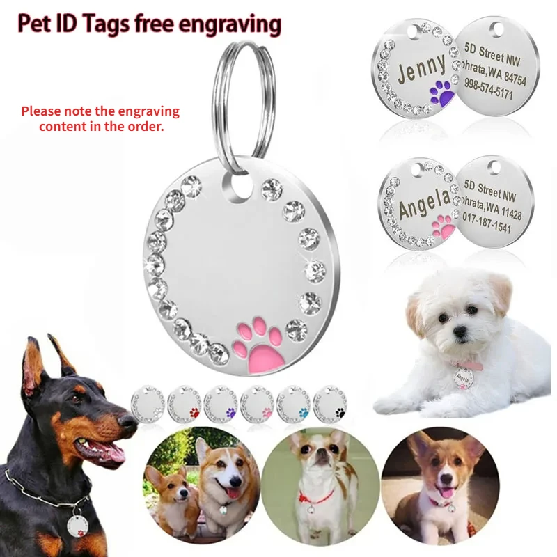 Pet ID Tags Free Engraving Pet Anti-lost Collar Pendant Personalized Puppy Name Tag Cat Rhinestone Decoration Customized Product