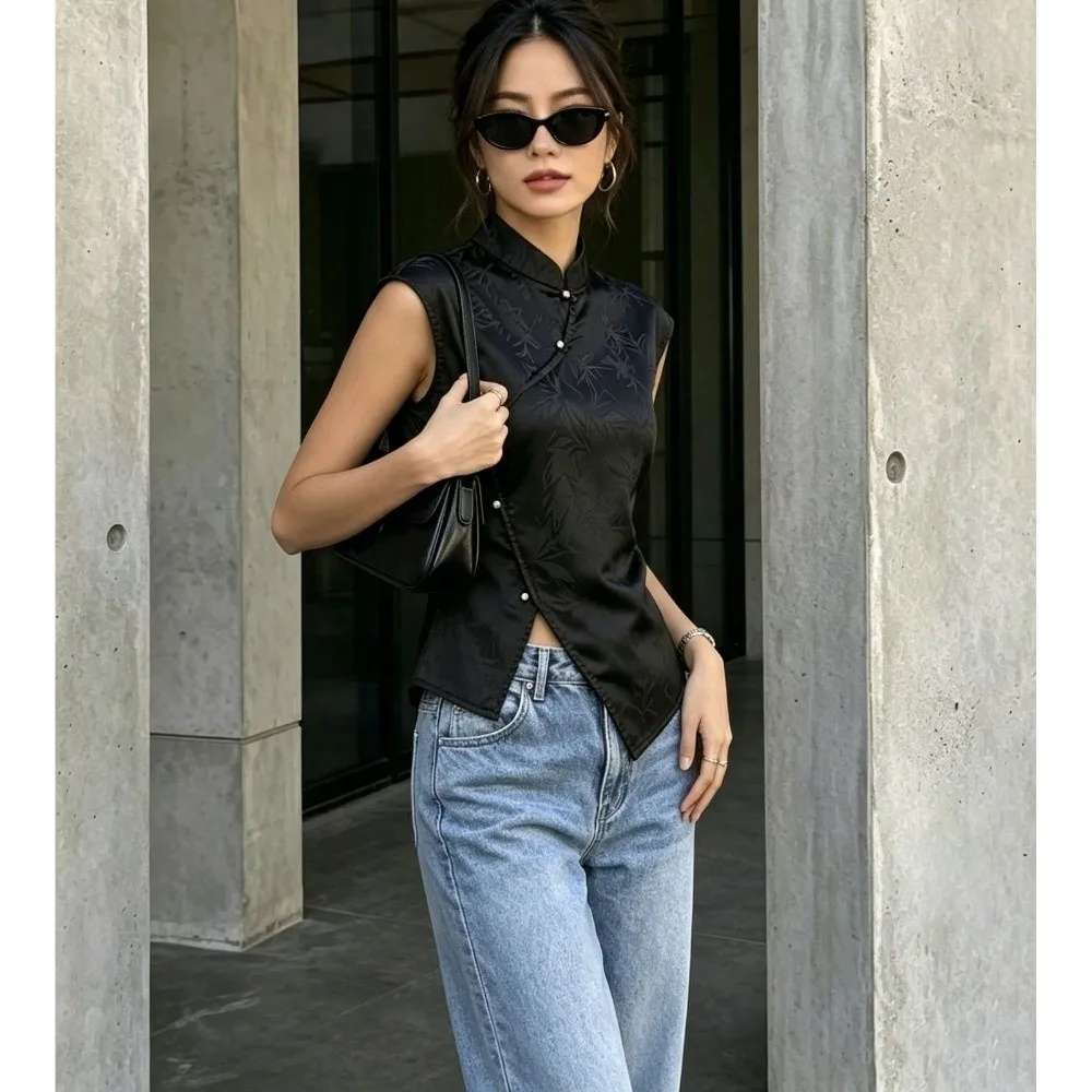 New Asymmetry Hem Blouse Top Frog Button Stand Neck Qipao Tunic Jacquard Weave Side Placket Casual Tank Office Look