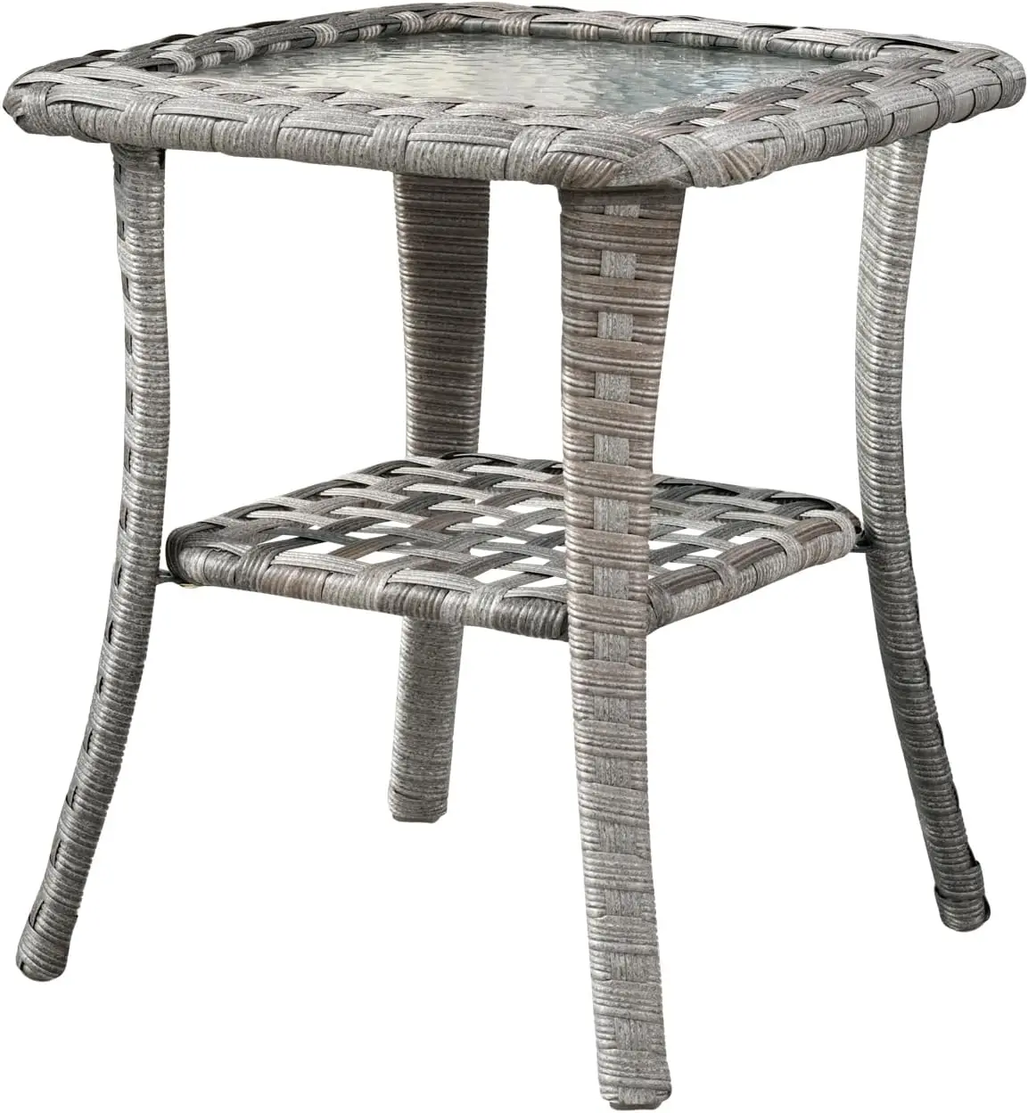 Ovios Outdoor Side Table With Storage, 2 Tier Patio Wicker Rattan Coffee Table, Tempered Glass Top, End Table For Porch Deck