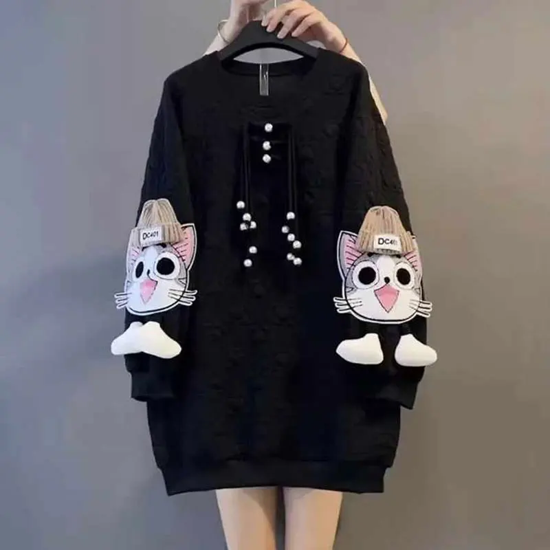 Spring Autumn 2023 Casual Loose Pearl Three-dimensional Decoration Pullovers Chic Cat Pasting Cloth Female Korean Sweatshirts