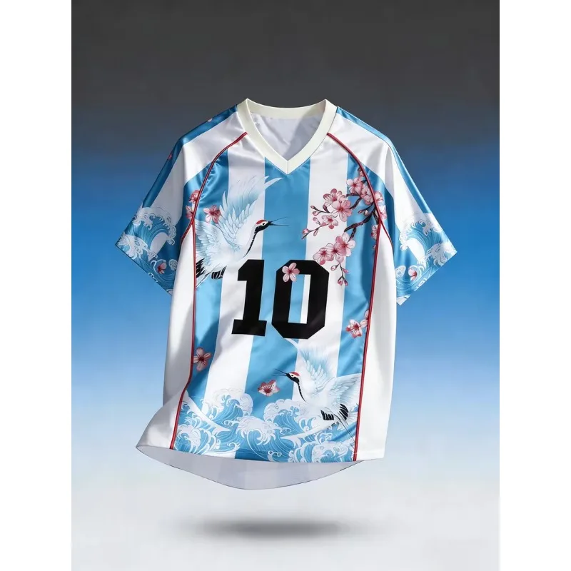 Japanese Ukiyo-e Crane Wave Print Jersey No.10 Fan Limited Edition Casual Sports Short Sleeved Shirt