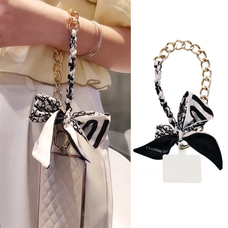 Mobile Phone Lanyard Silk Scarf Hand Hanging Chain Braided Bow Metal Pendant High-end Bag Phone Case Anti-lost Sling Lanyard Key