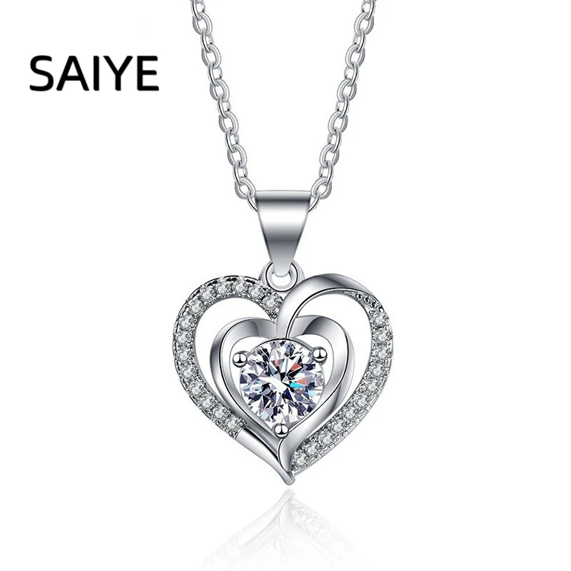 925 Sterling Silver Double Heart Pendant Necklace for Women Round CZ Cubic Zirconia Sparkling Hollow Heart‑shaped Necklace