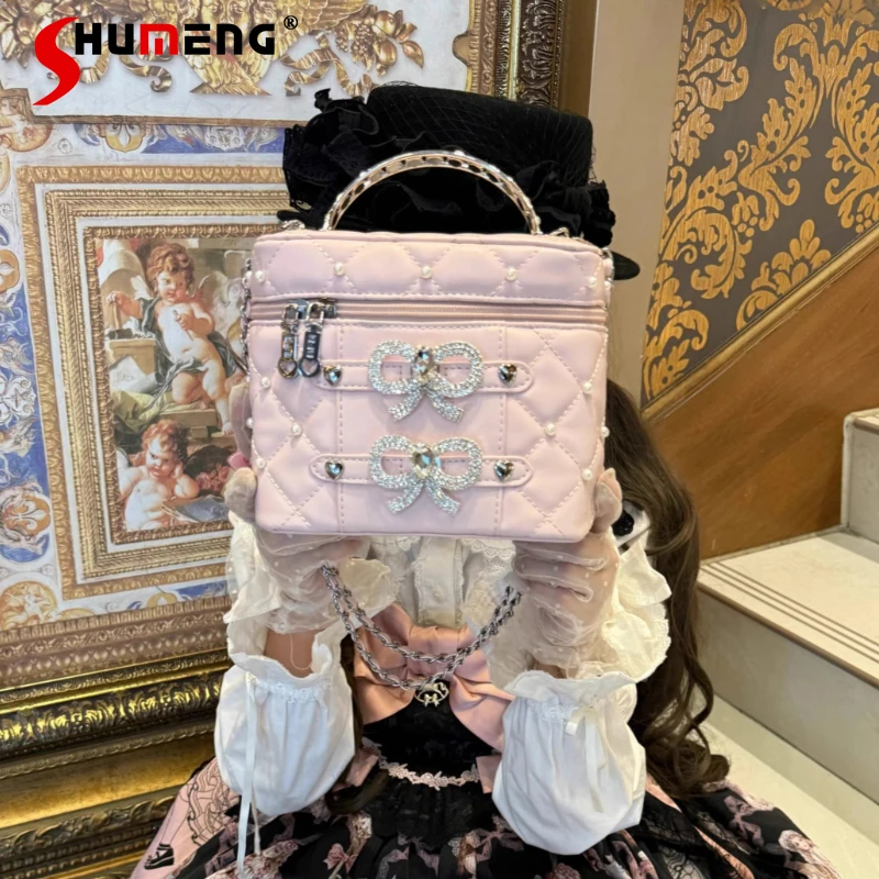 

Original Japanese Mines Style Bowknot Diamond Pearl Chain Box Bag Sweet Cute Girl's Small Capacity Handbag for Women Lolita Bag