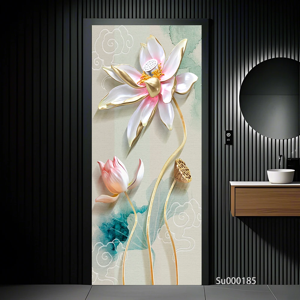 Oriental 3D Relief Lotus Door Mural Self Adhesive PVC Door Sticker Floral Gold Fish Butterfly Home Entrance Decor Wallpaper view 4
