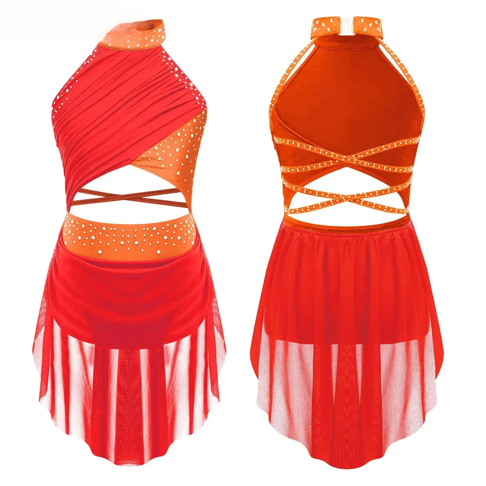 Sleeveless Modern Lyrical Dance Dress For Girls Kids Ballet Tutu Gymnastics Leotard Bodysuit Figure Skating Performance Costume