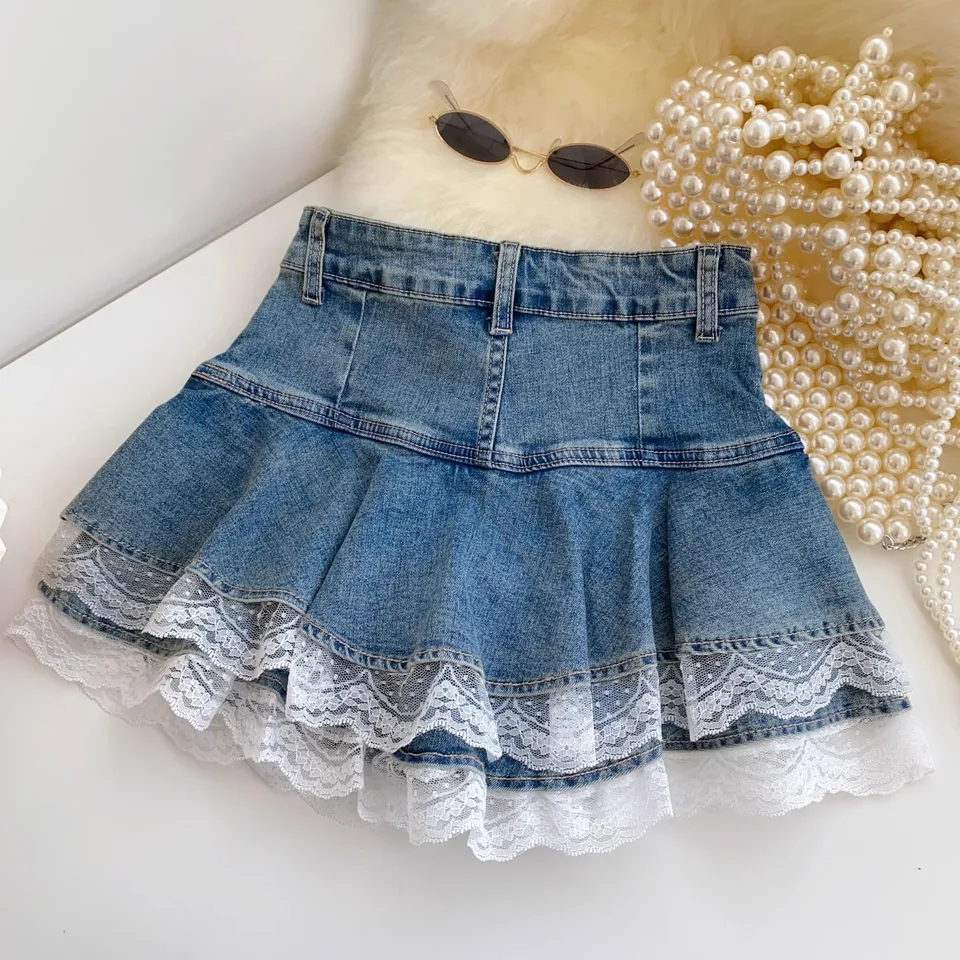Blue Pleated Denim Skirt Women's High Waist Lace Mini Skirt