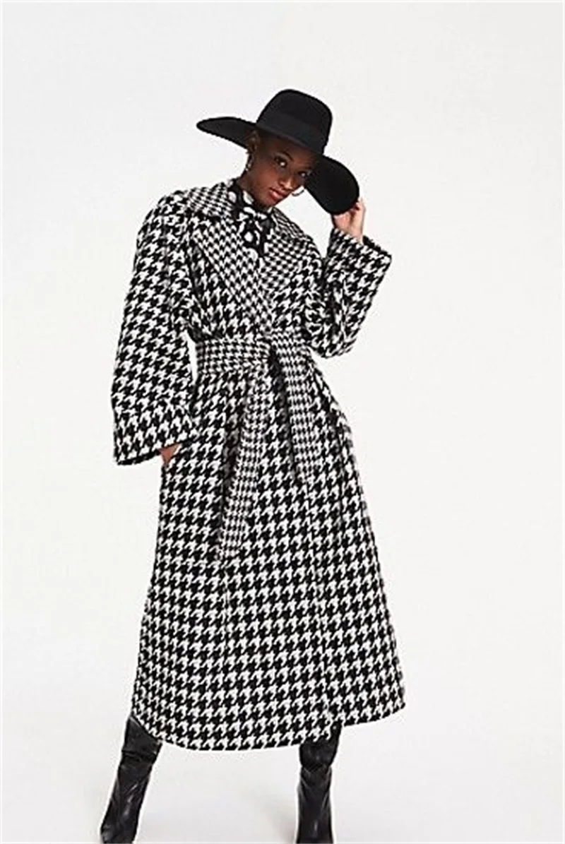 Preto houndstooth inverno cashmere feminino ternos blazer longo casaco com cinto feito sob encomenda grosso trench coat jacket outfit feminino