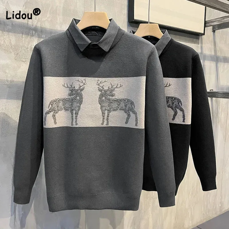 Male Clothes Long Sleeve Cartoon Trend Casual Sweaters 2023 Autumn Winter New Fashionable Polo-Neck Patchwork Knitted Pullovers