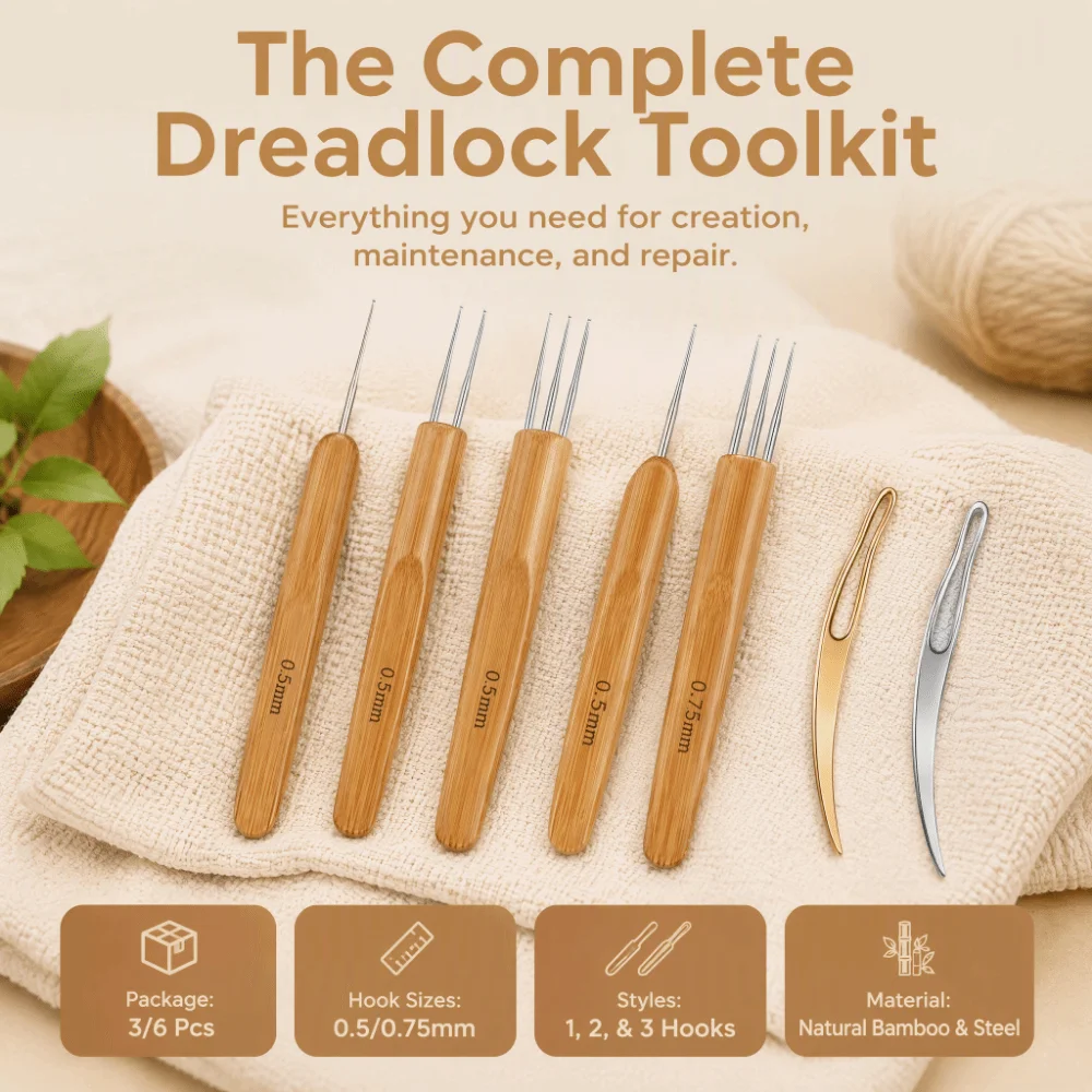 3/6Pcs 0.5/0.75mm Dreadlock Crochet Hooks Bamboo Grip 1/2/3 Head Hair Dreadlocks Tool Bent Hook Interlocking Weaving