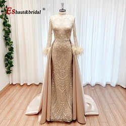 Elegant Lace Feather Muslim Evening Dress for Women Detachable Skirt 2024 Long Sleeves Formal Prom Wedding Party Gown Customized