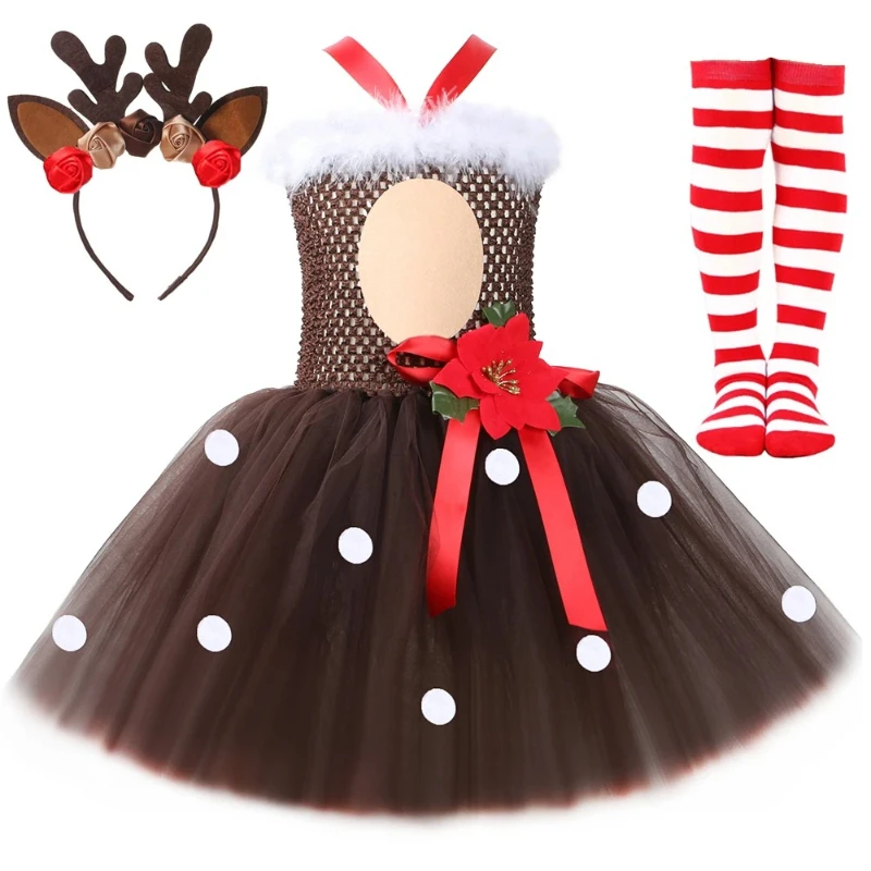 Reindeer Deer Costume for Girls Christmas Brown Carnival Party Dress Up Clothes Toddler Kids Halloween Tulle Tutu Dress Outfit