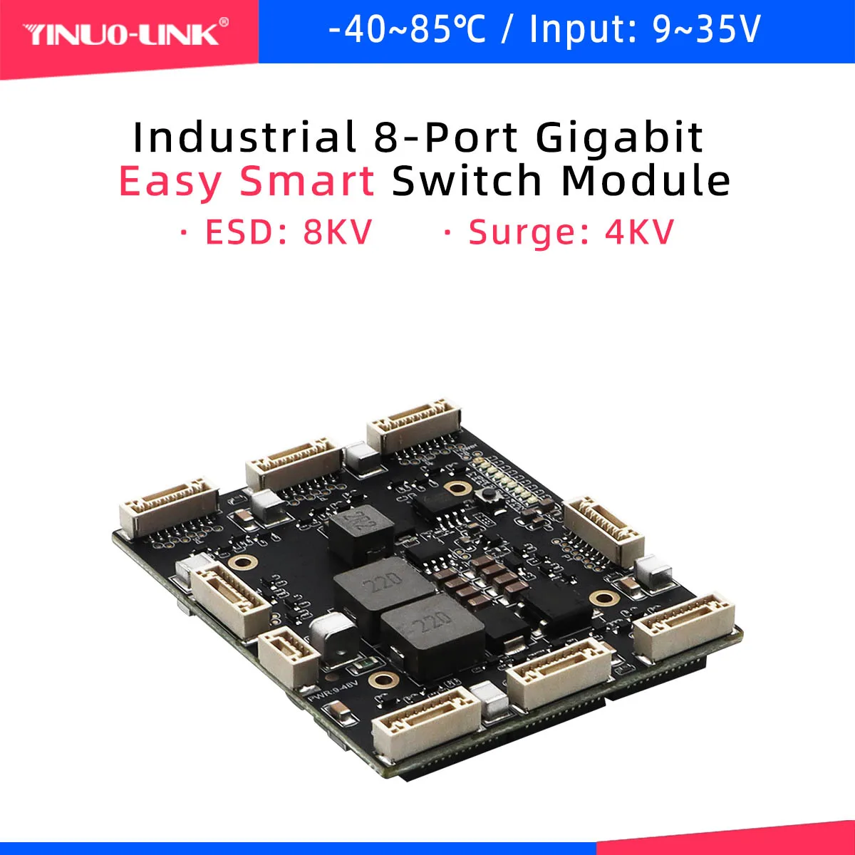 YINUO-LINK_YN-IES20801_Managed 8-Port Gigabit Industrial Switch Module, VLAN Tag Port Isolation Mirroring, 9-48V Wide Voltage